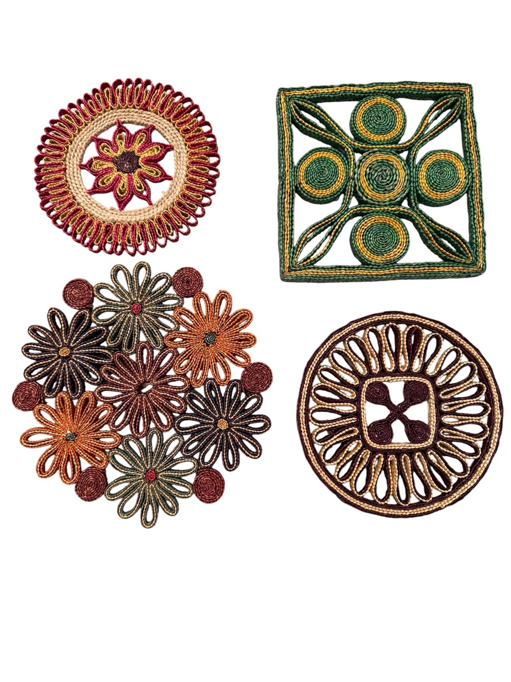 Vintage Straw Raffia Trivets Hot Pads Boho Folk Art 60s 70s Set 4 Woven Floral
